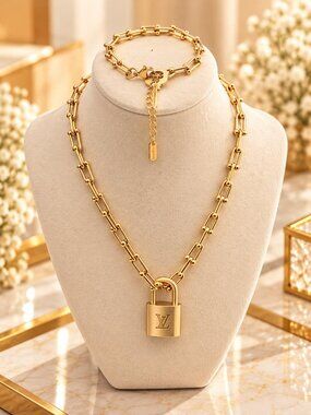 Stainless Steel 18k Gold Plated Necklace+ Bracelet w/Auth Louis Vuitton Padlock